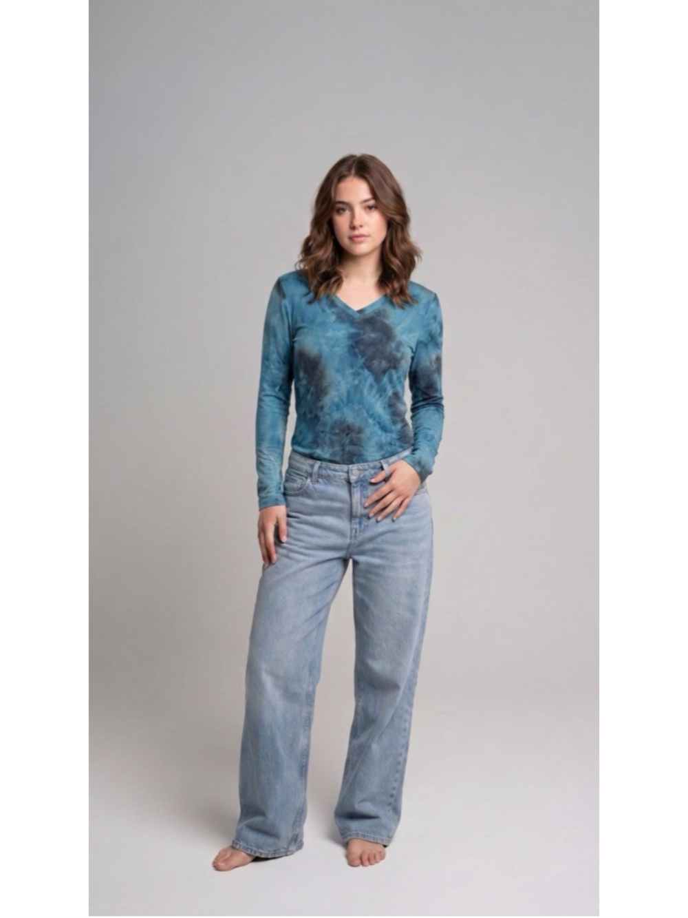 LOGO Lounge Brushed Tie-Dye-V Neck Long Sleeve Top Blue Size XXS
